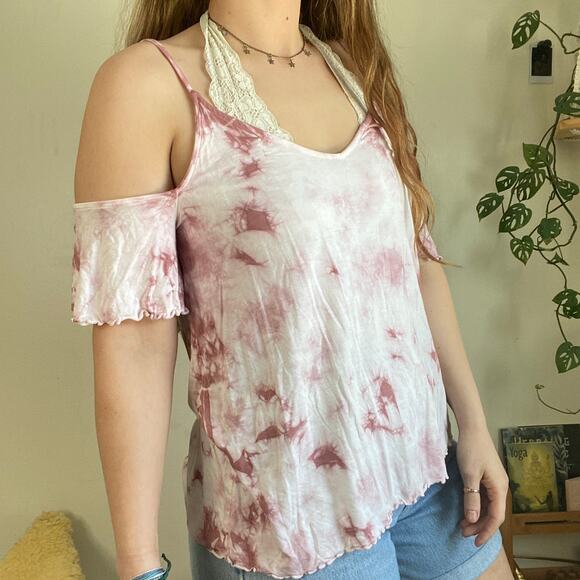 American Eagle Pink Tie Dye Cold Shoulder Top L - Picture 7 of 8
